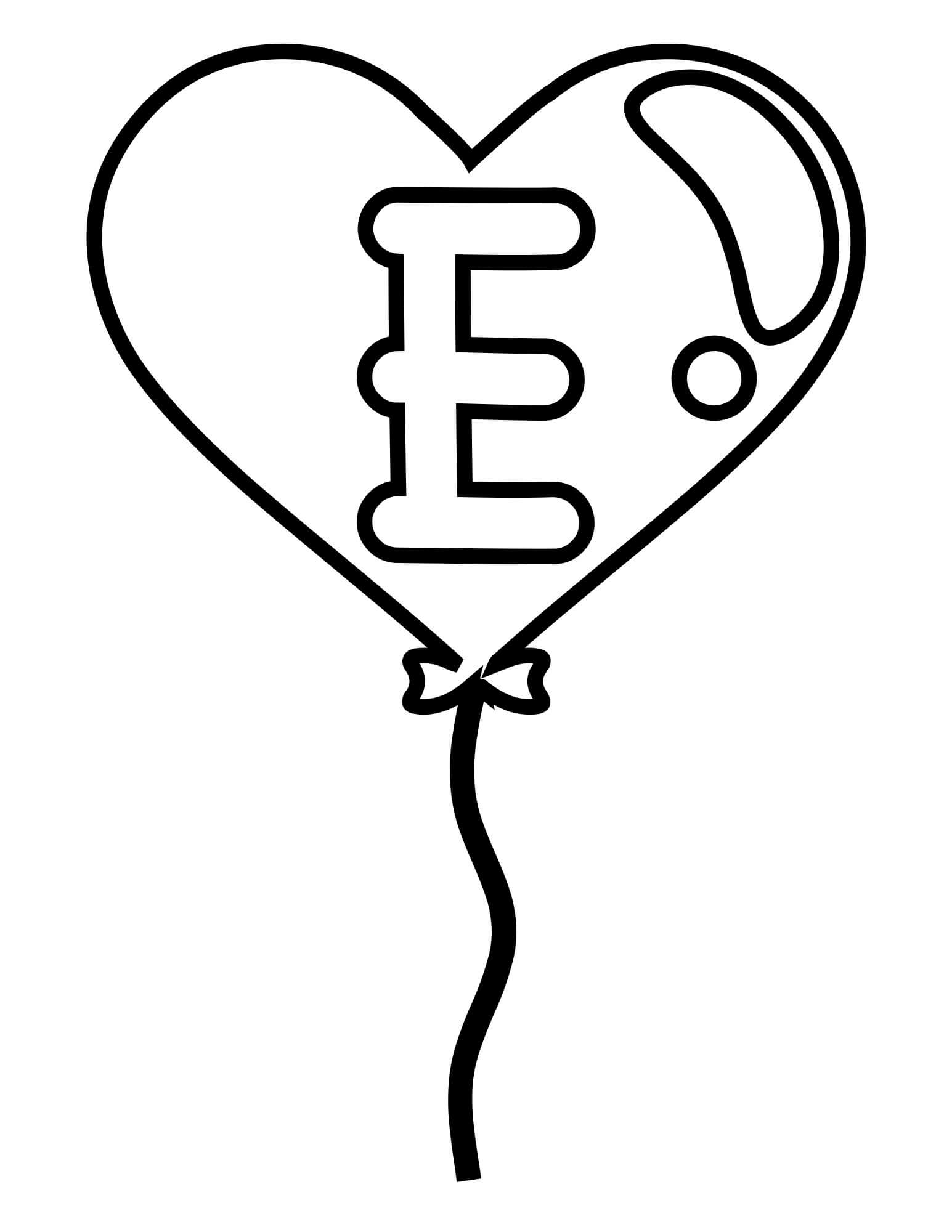 Letra E Fácil no Balão de Coração para colorir