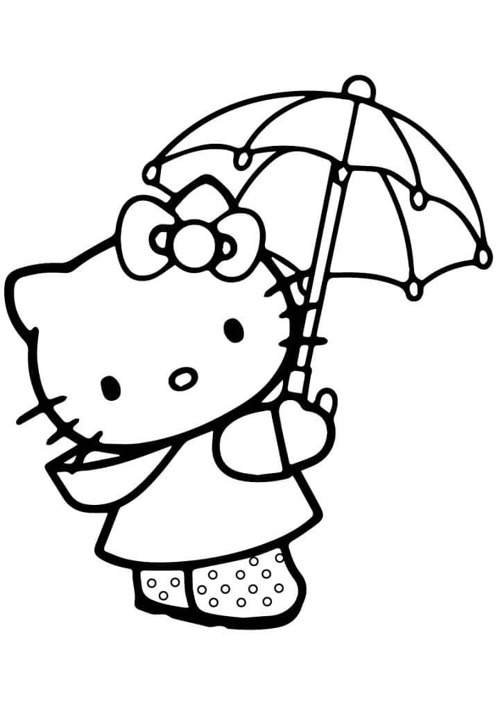 Desenhos de Linda Hello Kitty segurando Guarda-chuva para colorir