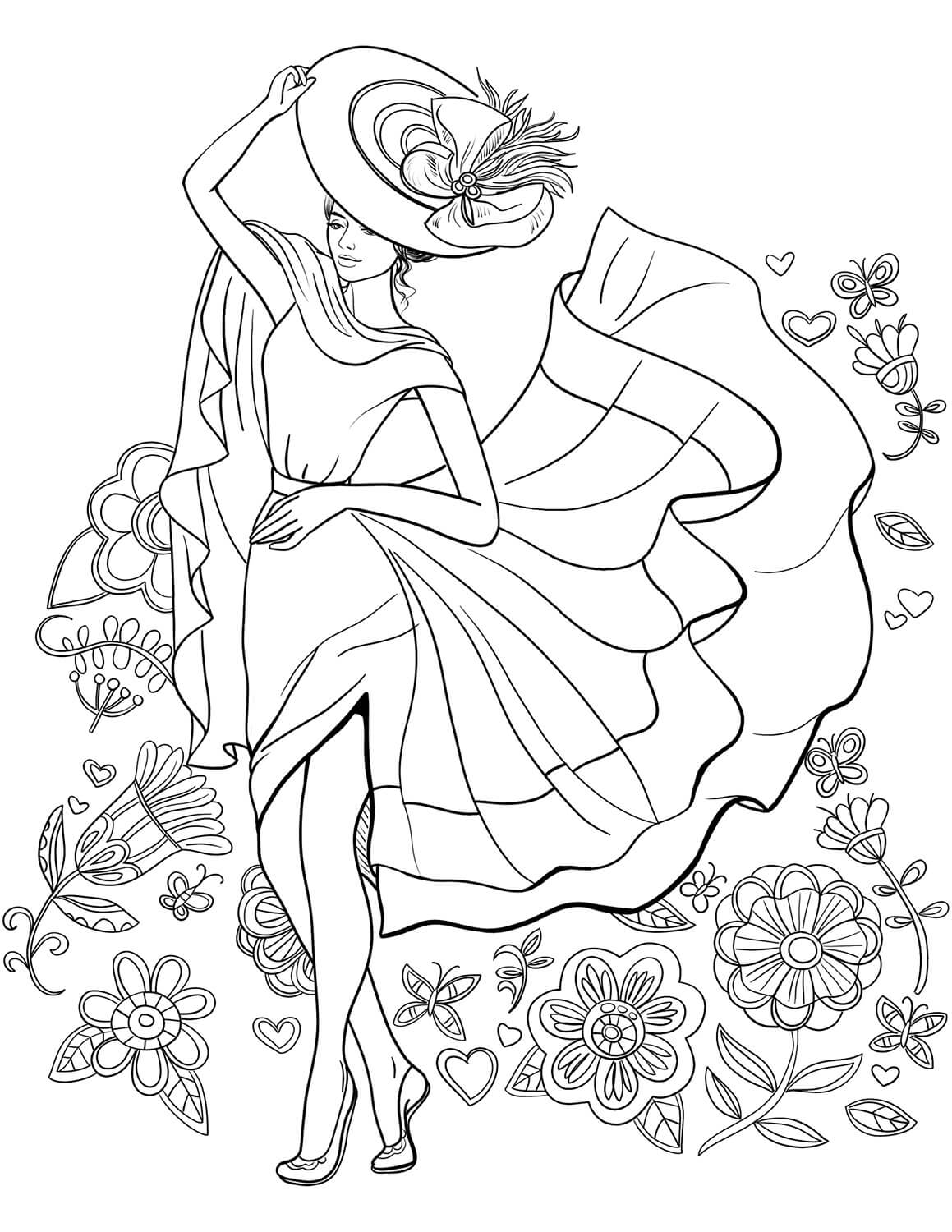 Desenhos de Linda menina Adolescente com Flores para colorir