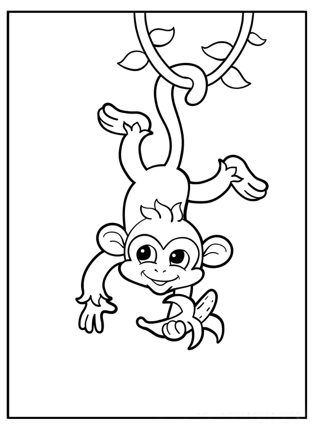 Macaco segura Banana e Pendurado de Cabeça para Baixo em uma Árvore para colorir
