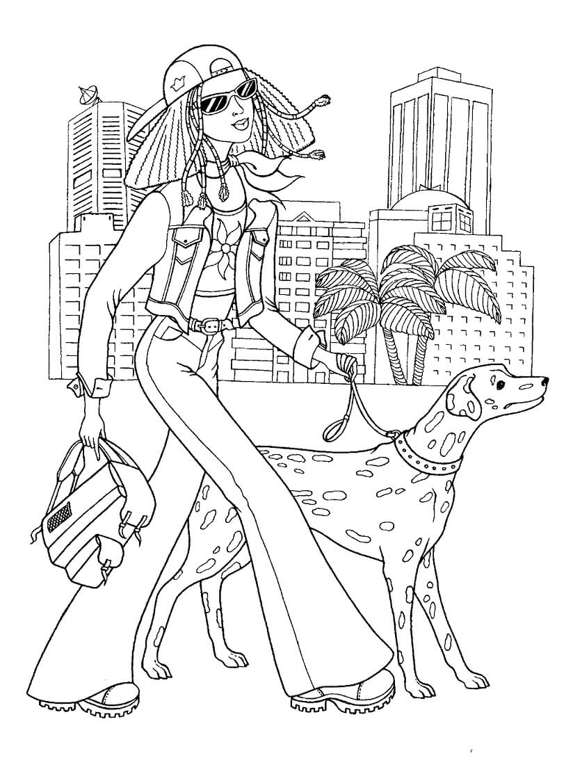 Menina adolescente na moda com seu Cachorro para colorir