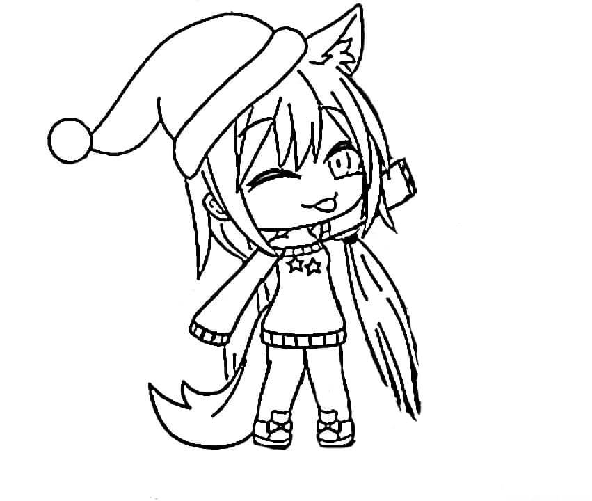Menina Lobo com Chapéu de Papai Noel para colorir
