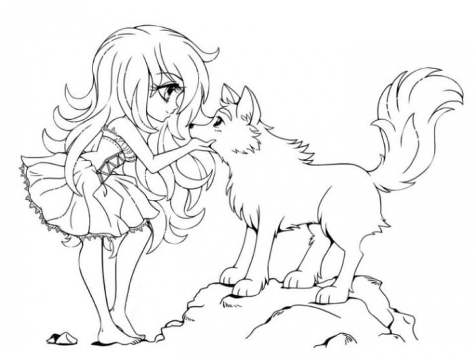Menina lobo e Pequeno Lobo para colorir