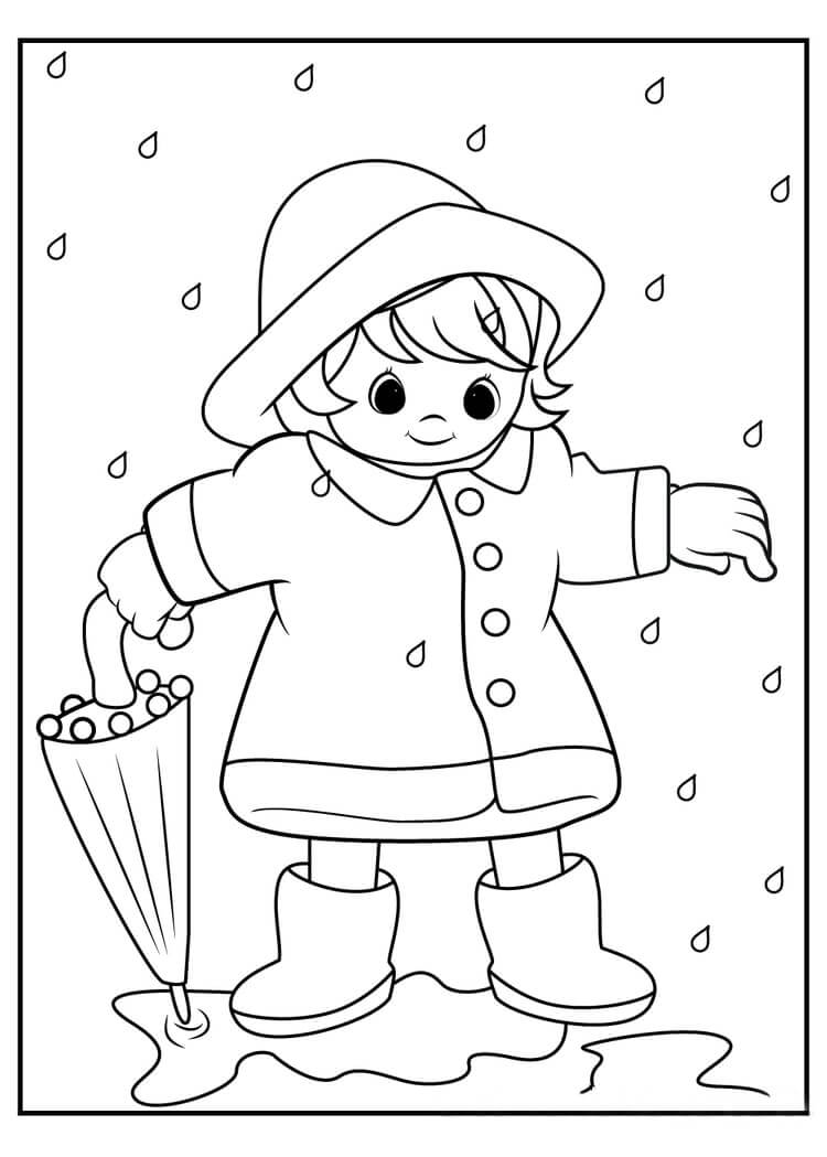 Menina sorridente Segurando Guarda-Chuva no Inverno para colorir