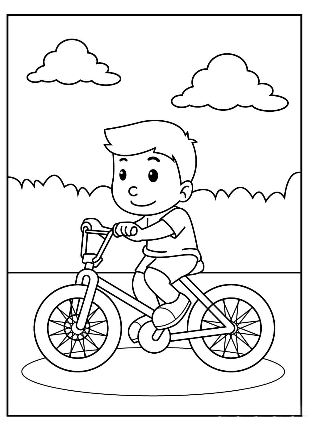 Menino Sorridente Andando de Bicicleta para colorir