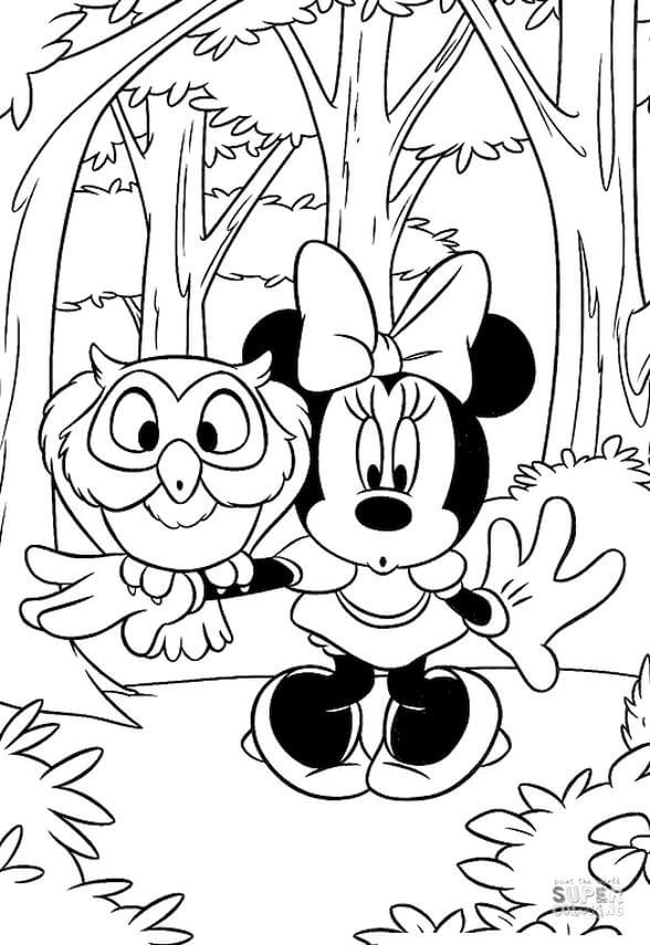 Desenhos de Minnie Mouse com Coruja para colorir