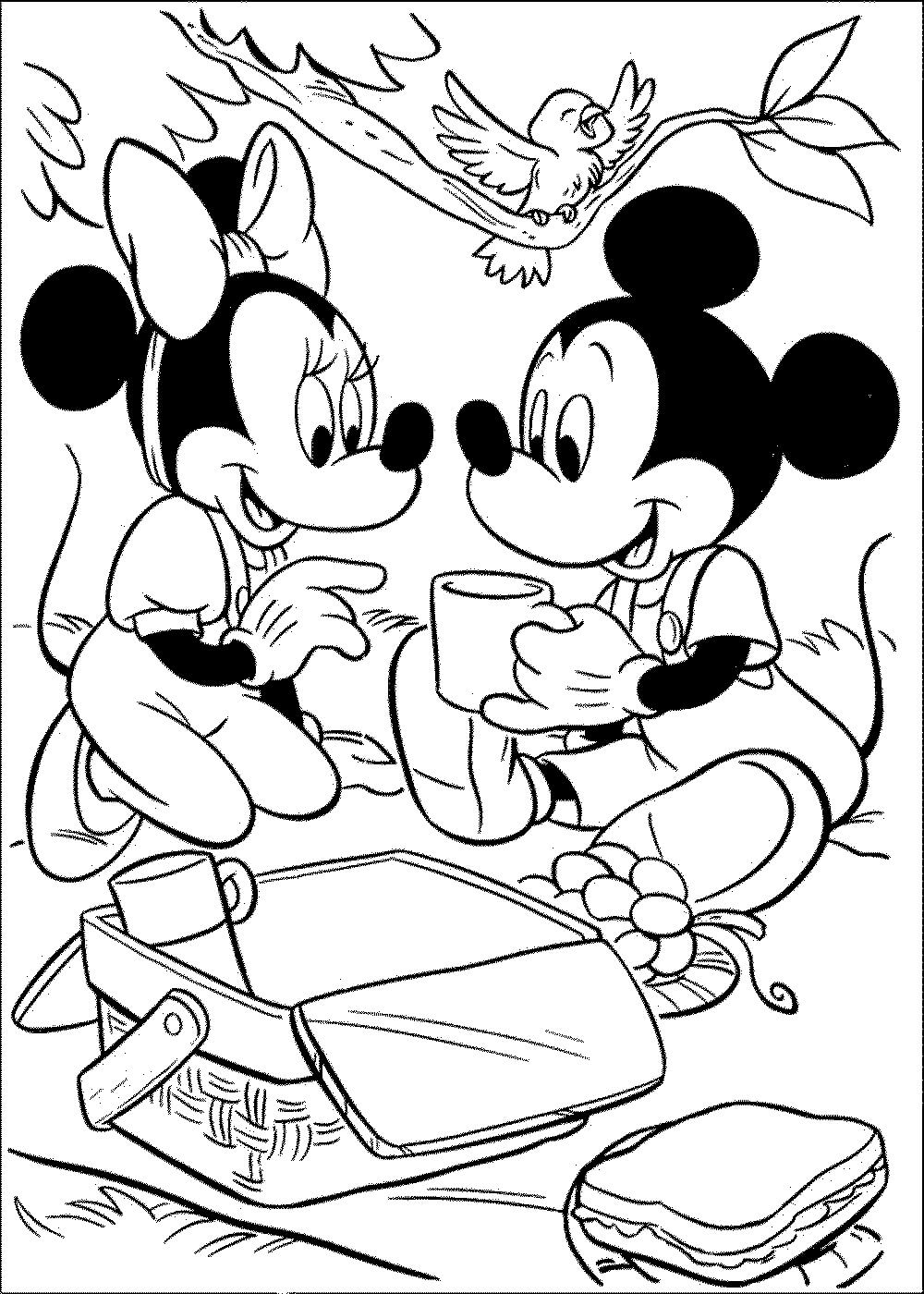 Desenhos de Minnie Mouse e Mickey Mouse fofos no Piquenique para colorir