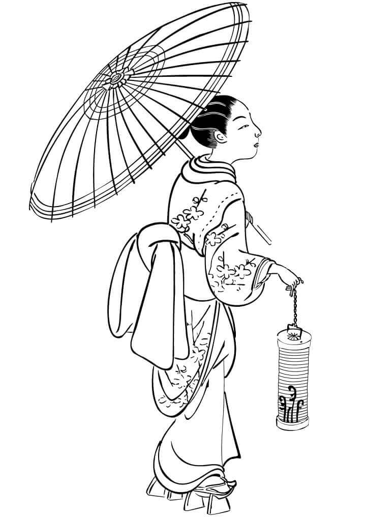 Mulher Japonesa segurando Guarda-chuva para colorir