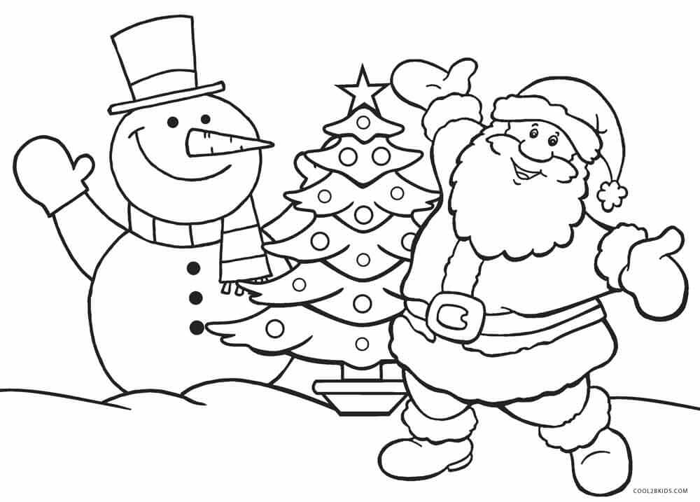 Desenhos de Papai Noel e Árvore de Natal com Boneco de Neve para colorir