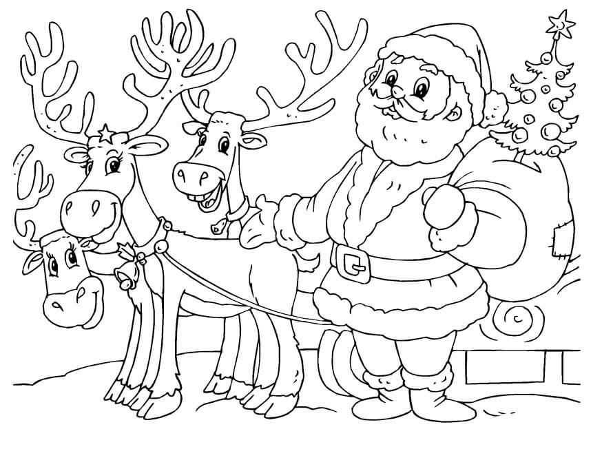 Desenhos de Papai Noel e três Renas para colorir