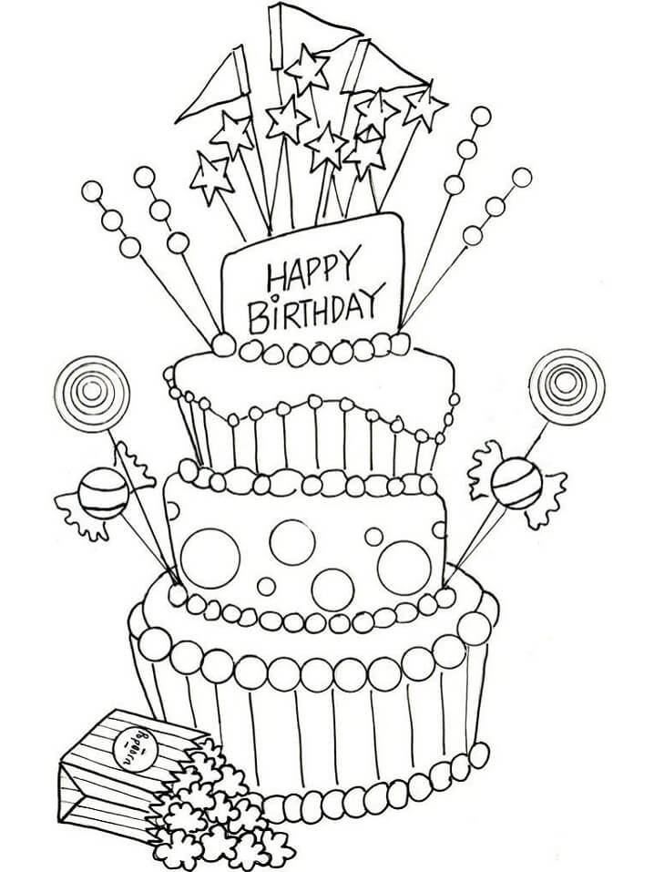 Desenhos de Pipoca e bolo de Aniversário para colorir