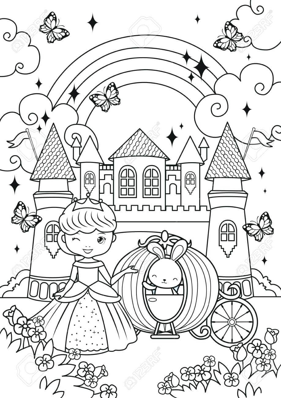 Desenhos de Princesa e coelhinha Fofas no Castelo Mágico para colorir
