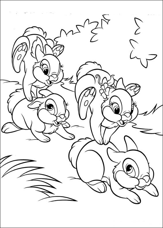 Desenhos de Quatro Coelhinhos Correndo para colorir