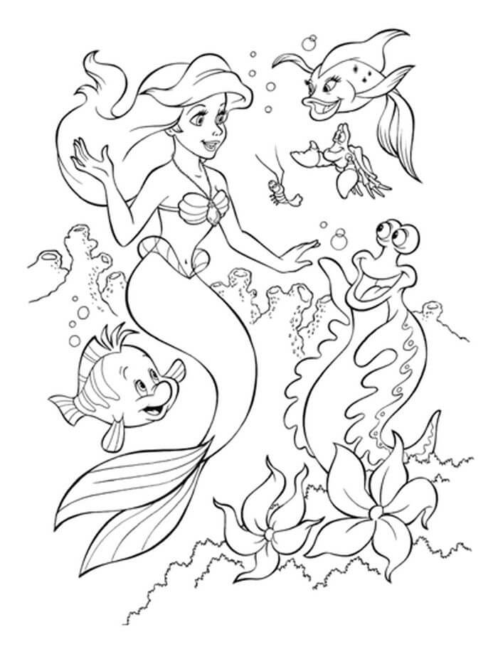 Desenhos de Sereia Ariel com Animais Marinhos para colorir