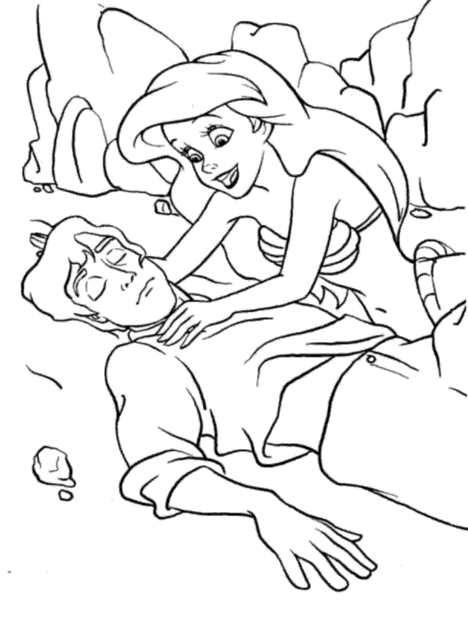 Desenhos de Sereia Ariel e Eric estão Desmaiando para colorir