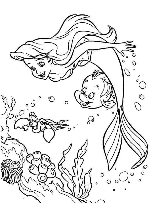 Sereia Ariel Nadando com Peixes e Caranguejo para colorir