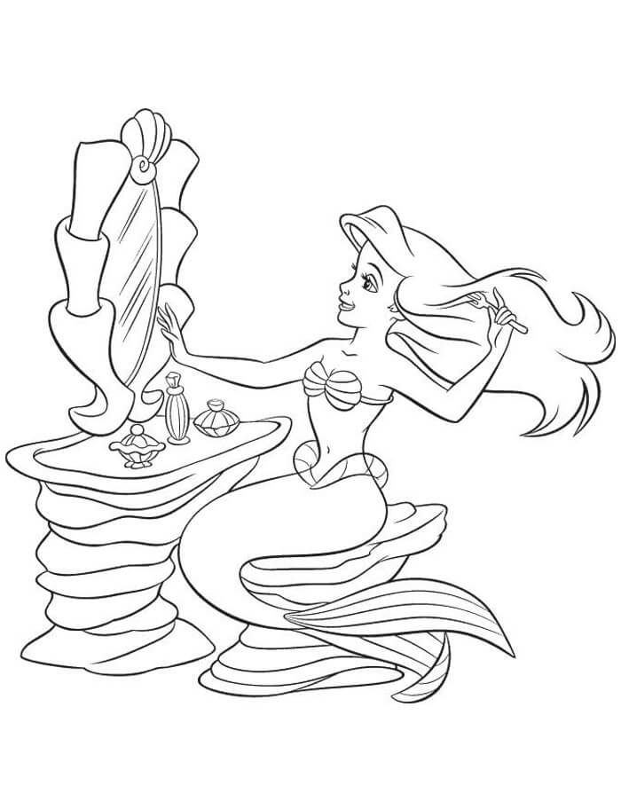 Desenhos de Sereia Ariel Penteia o Cabelo na Frente do Espelho para colorir