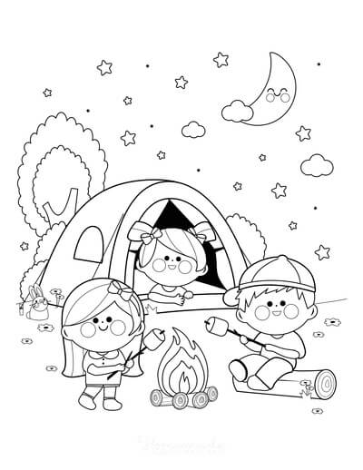 Desenhos de Três Crianças Acampando para colorir