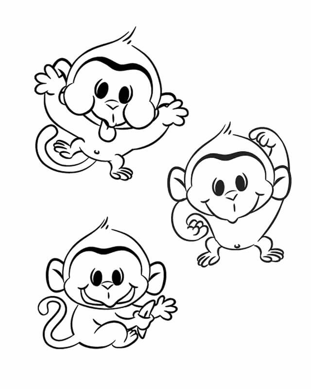 Desenhos de Três Macacos Engraçados para colorir