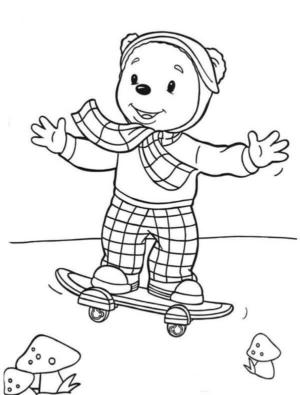 Urso Rupert Brincando de Skate para colorir