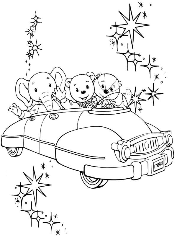 Desenhos de Urso Rupert e Amigos Andando de Carro para colorir