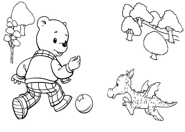 Urso Rupert Jogando Bola e o Dragão para colorir