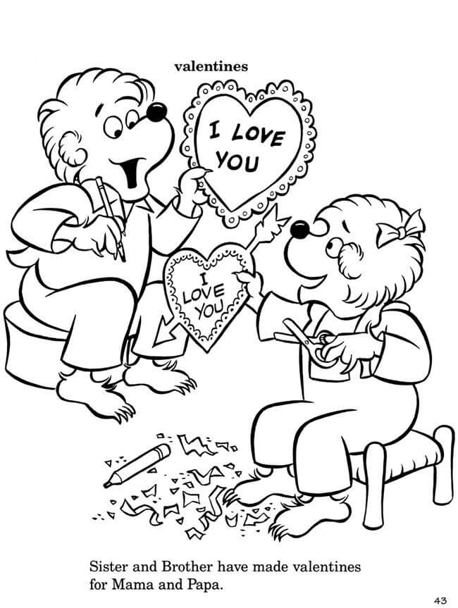 Ursos Berenstain com Dia dos Namorados para colorir