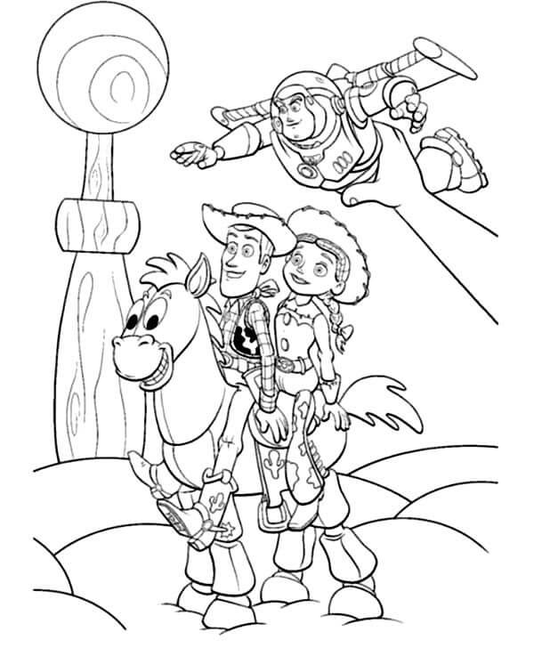 Desenhos de Woody, Jessie, Buzz e Bullseye para colorir