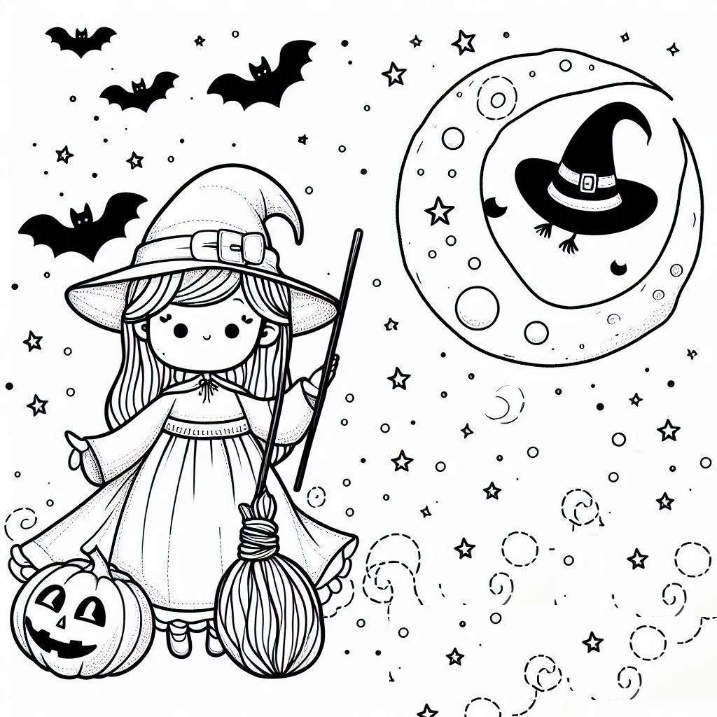 Desenhos de Bruxa de Halloween fofa para colorir