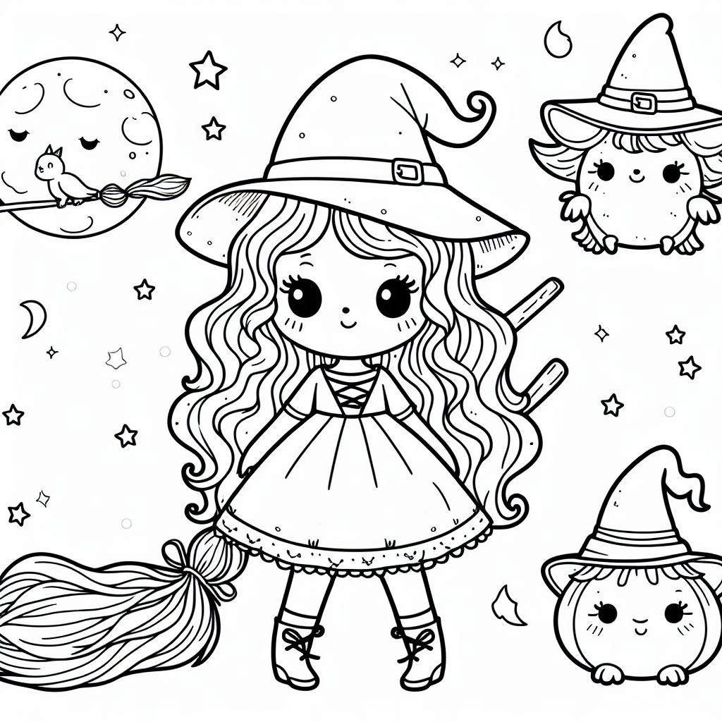 Desenhos de Bruxa de Halloween muito fofa para colorir