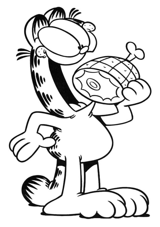 Desenhos de Garfield come uma coxa de frango para colorir