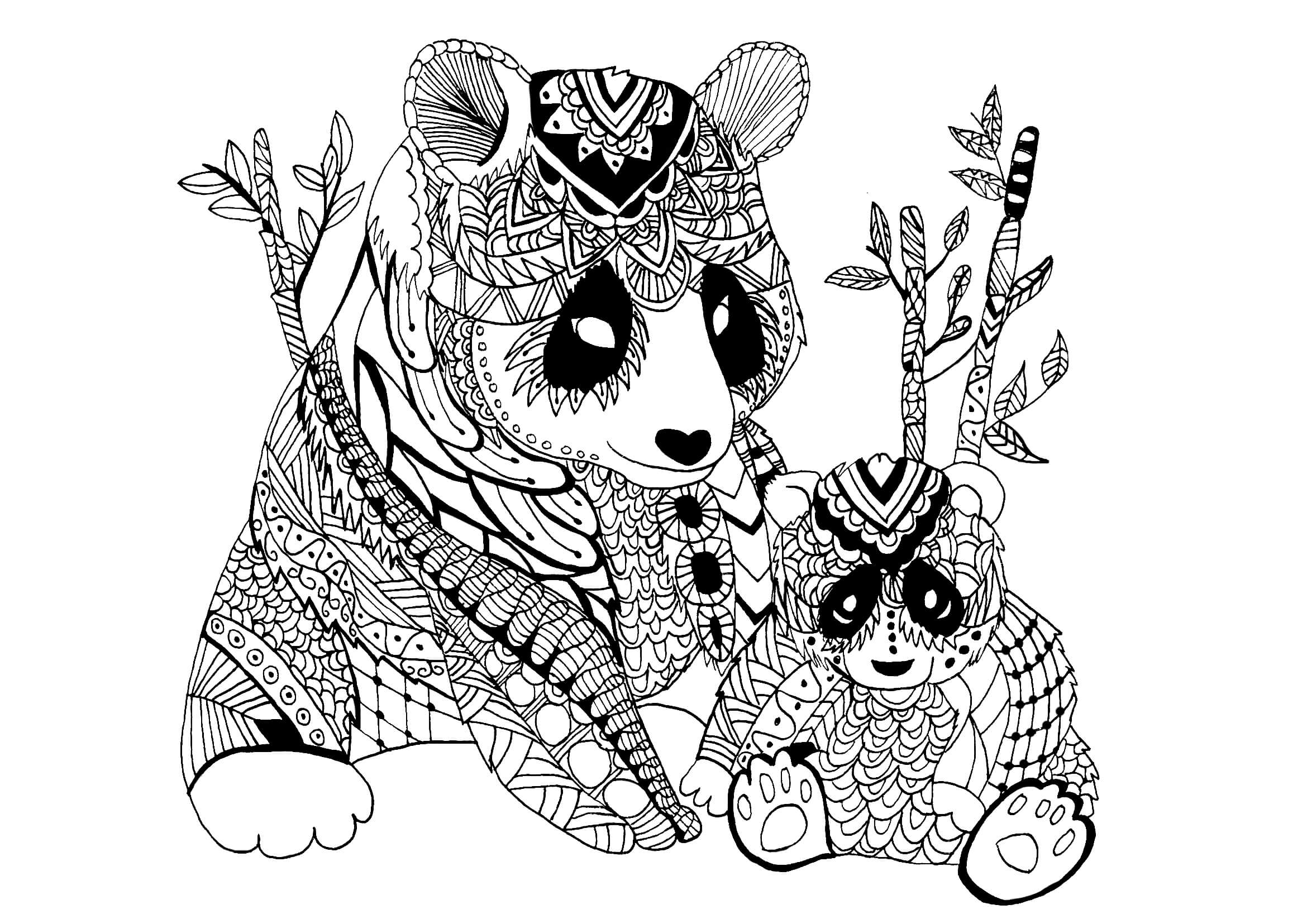 Desenhos de Mãe Panda e bebê Panda Mandala para colorir