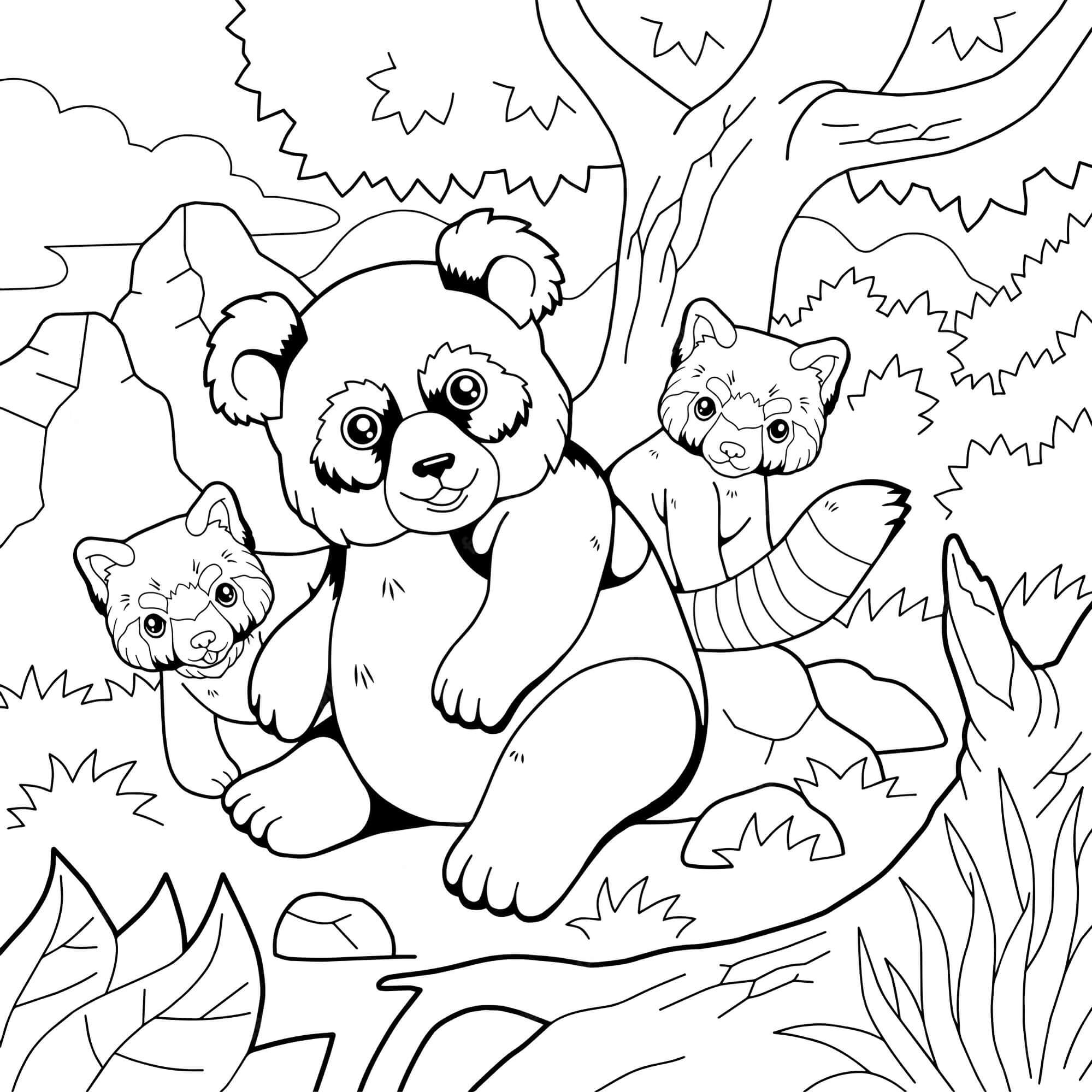 Desenhos de Mãe Panda e dois Bebês Panda para colorir