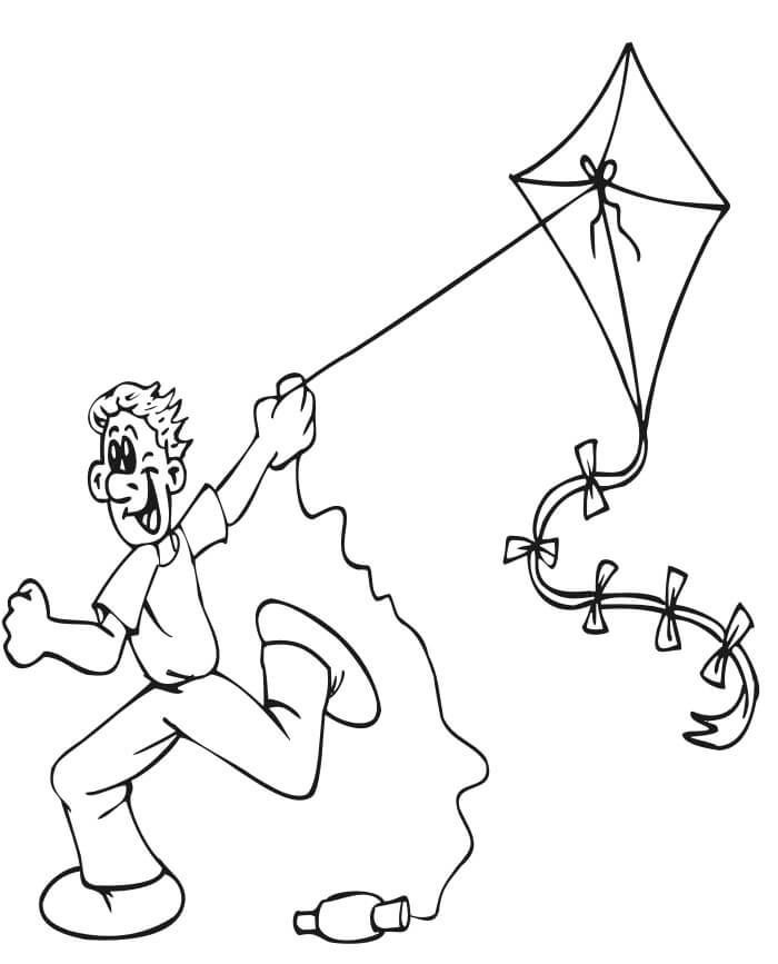 Menino de Desenho Animado Voando Pipa para colorir