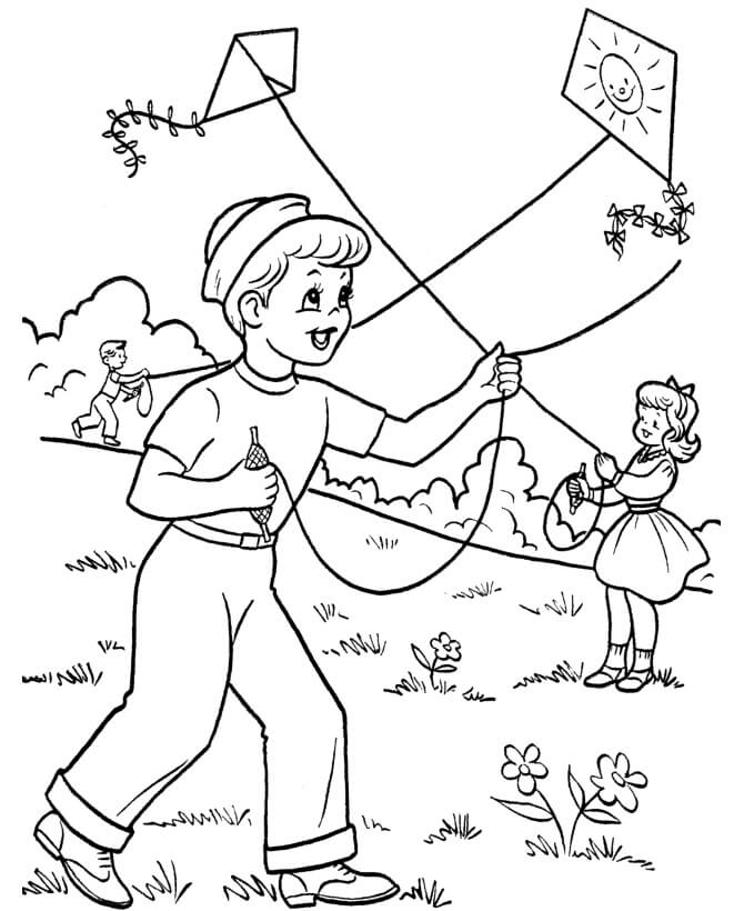 Desenhos de Menino e Menina Empinando Pipa para colorir