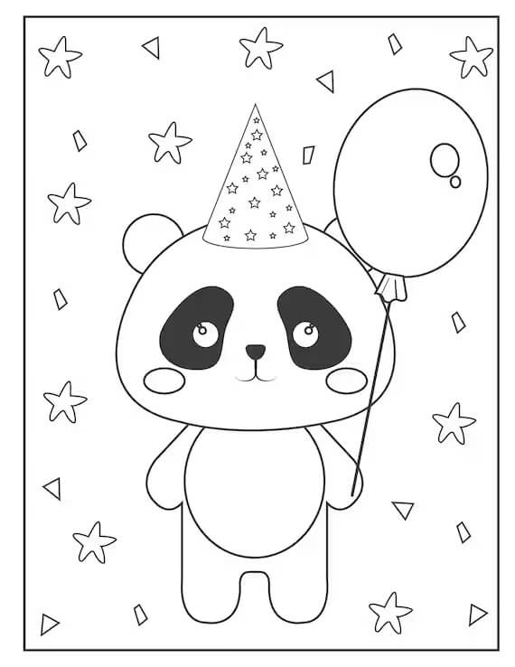Panda Segurando Balão na Festa de Aniversário para colorir