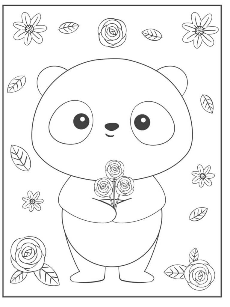 Desenhos de Panda com Flores para colorir