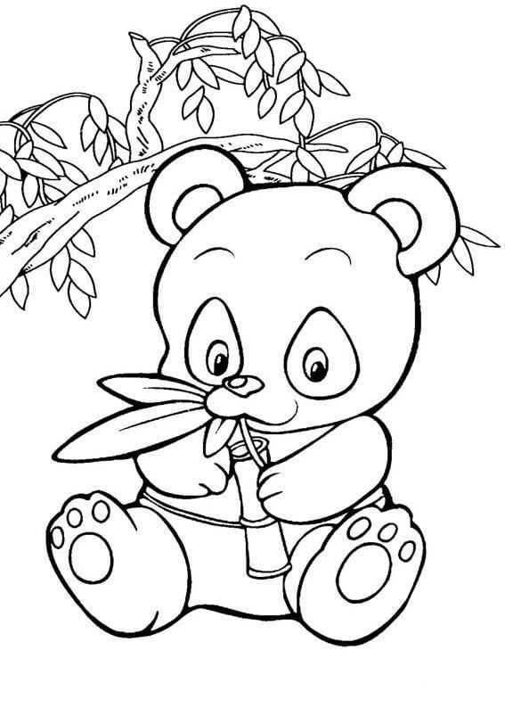 Pequeno Panda comendo Bambu com Árvore para colorir