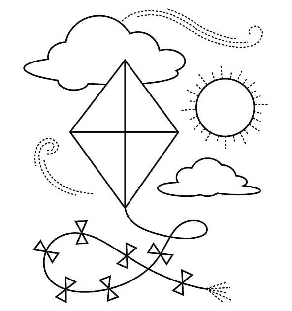 Desenhos de Pipa Voando com Sol e Nuvem para colorir