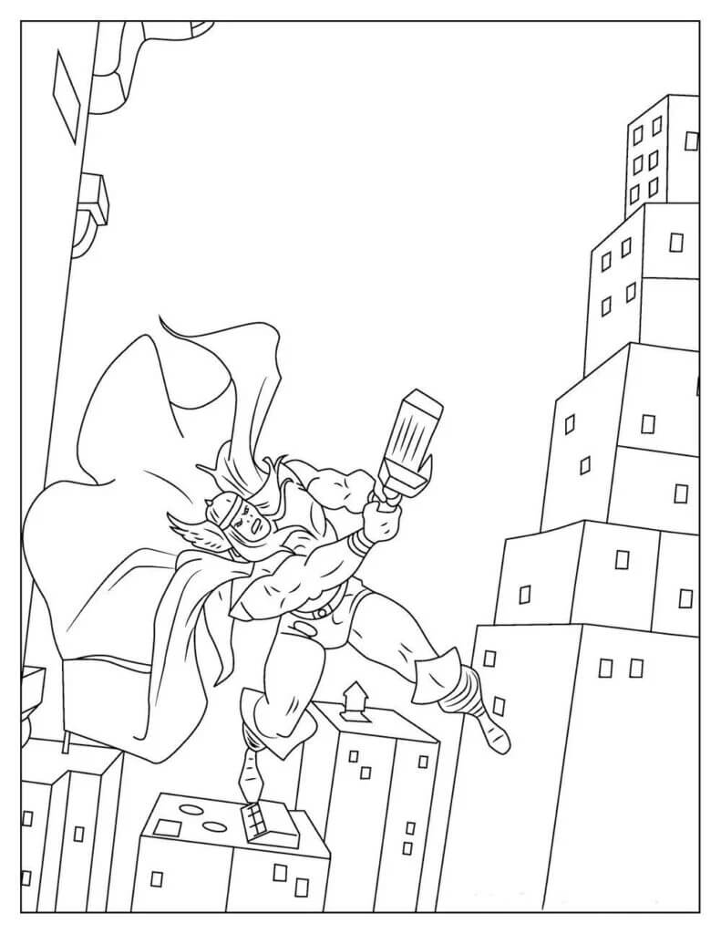 Thor Voando na Cidade para colorir