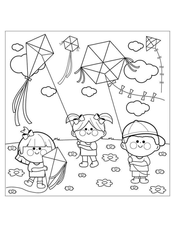 Desenhos de Três Crianças Empinando a Pipa para colorir
