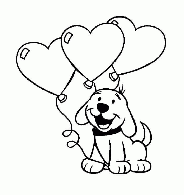 Cão segurando Balão de Coração para colorir