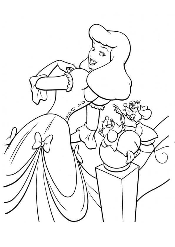 Desenhos de Cinderela com Jaq e Gus para colorir