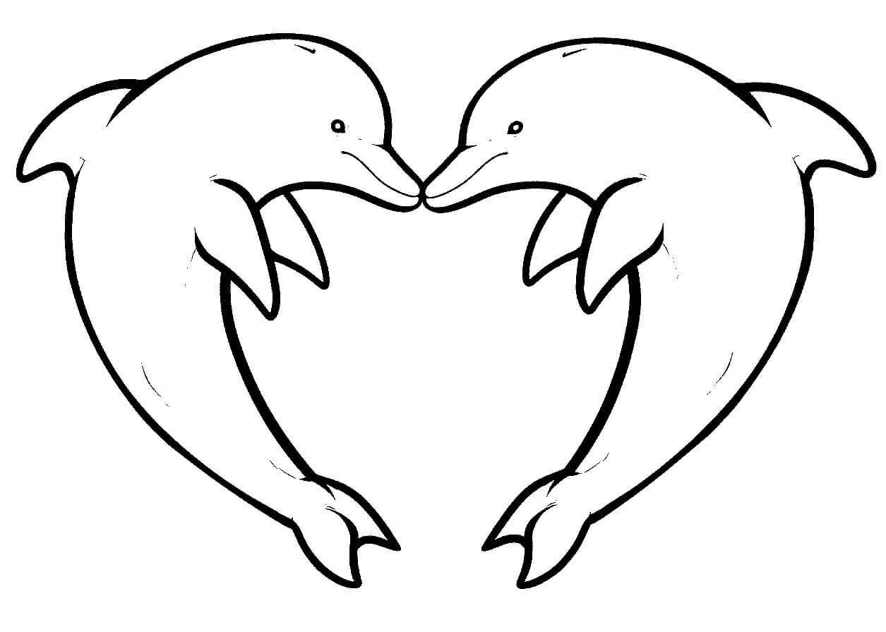 Desenhos de Coração com Dois Golfinhos para colorir