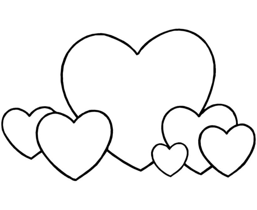 Desenhos de Coração Grande e Cinco pequenos Corações para colorir