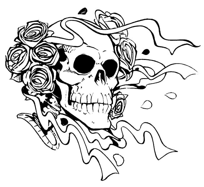 Desenhos de Crânio Assustador com Rosa para colorir