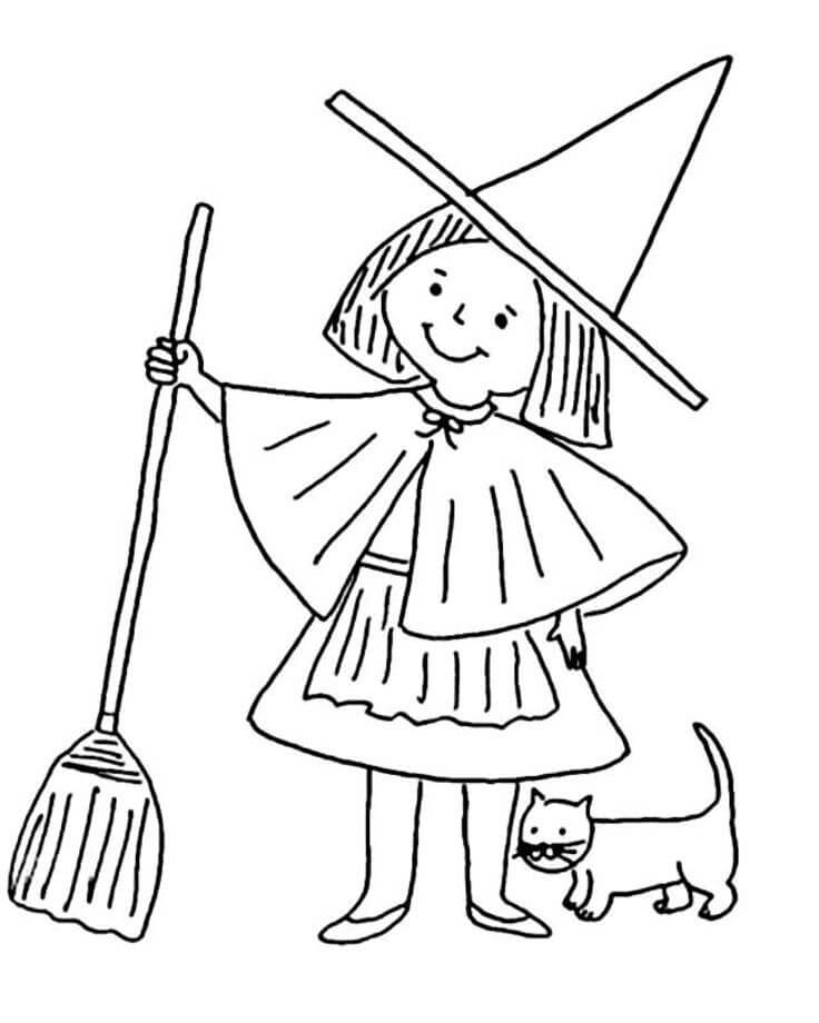 Desenho de Bruxa e Gato para colorir