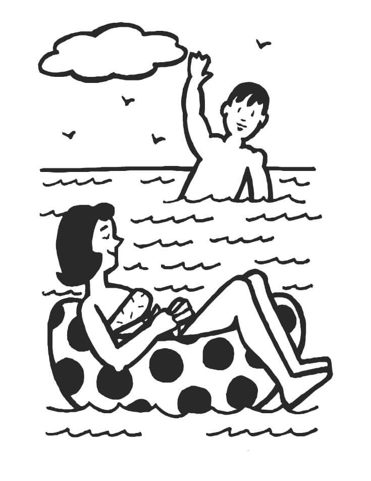 Desenhos de Desenho de Menino e Menina Nadando na Praia para colorir