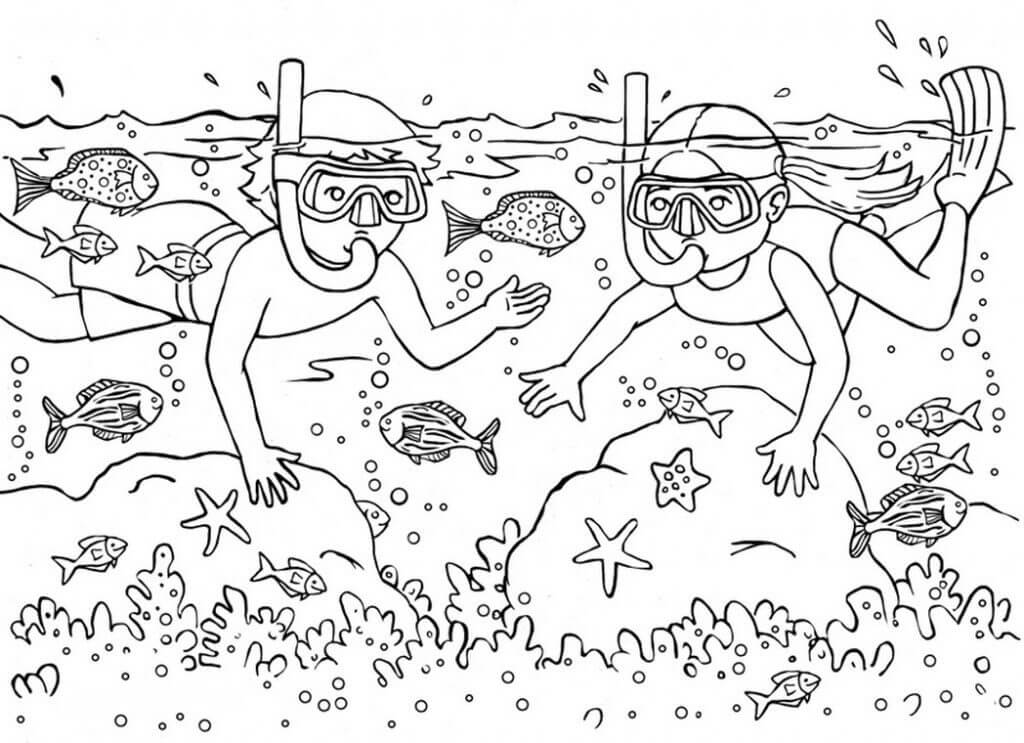 Desenhos de Dois Meninos Natação e Pesca para colorir