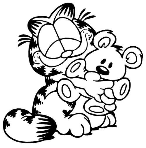 Garfield Feliz Segurando um Urso de Pelúcia para colorir